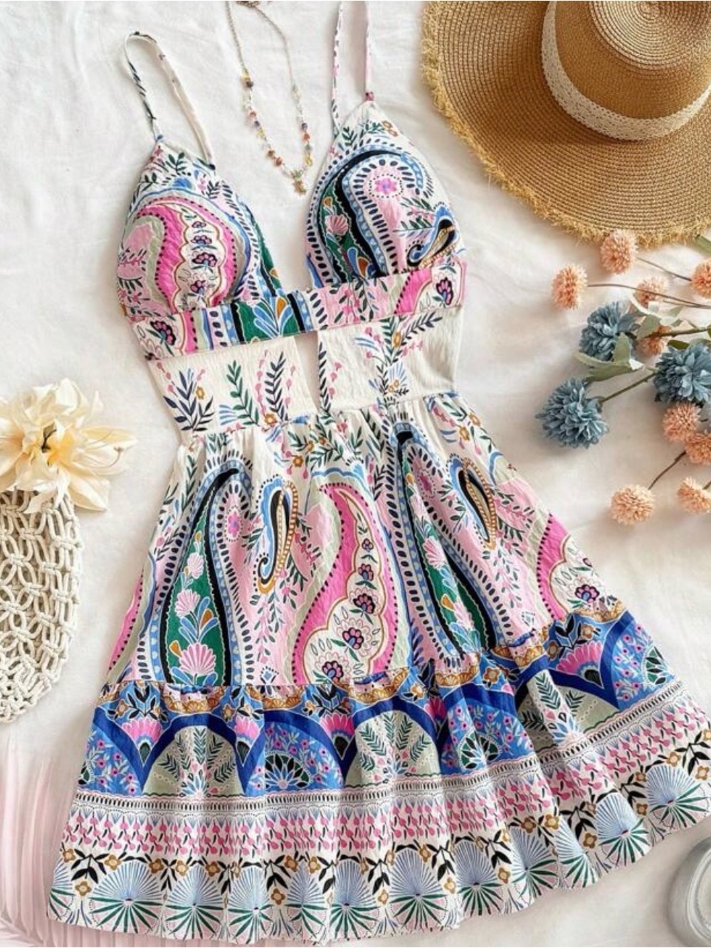 SHEIN Pink & Blue Paisley Mini Sundress